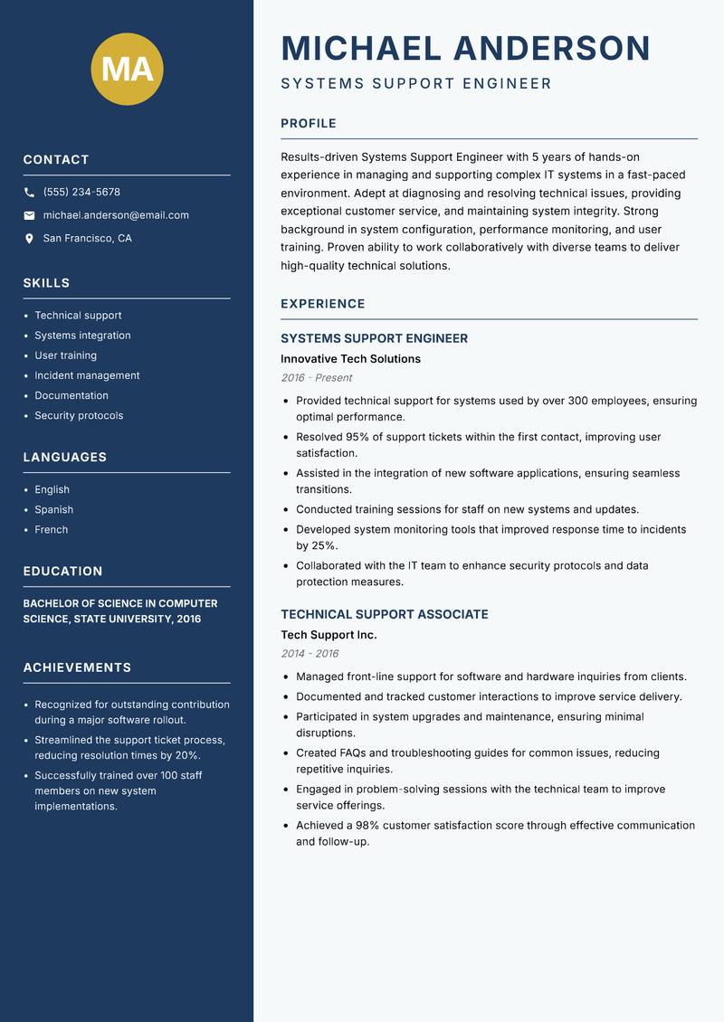 Systems Support Engineer resume template — Classic Clean