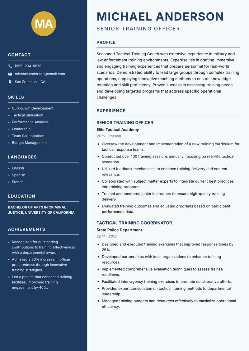 Tactical Training Coach resume template — Classic Clean
