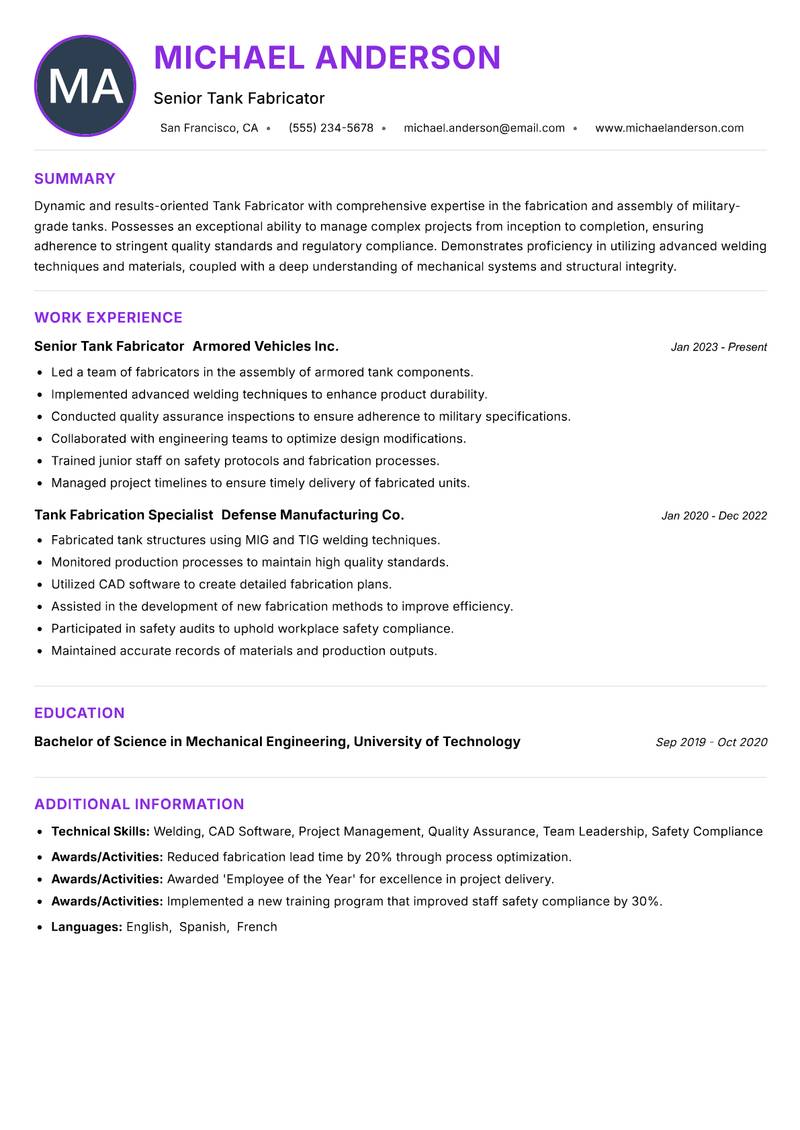 Tank Fabricator resume example — ATS-friendly template