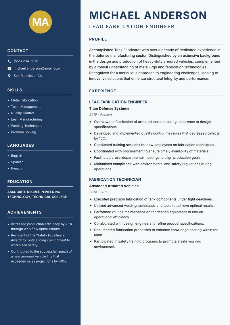 Tank Fabricator resume template — Classic Clean