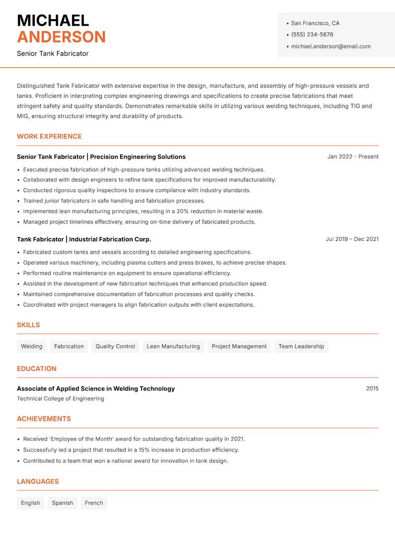 Tank Fabricator resume template — Modern Professional