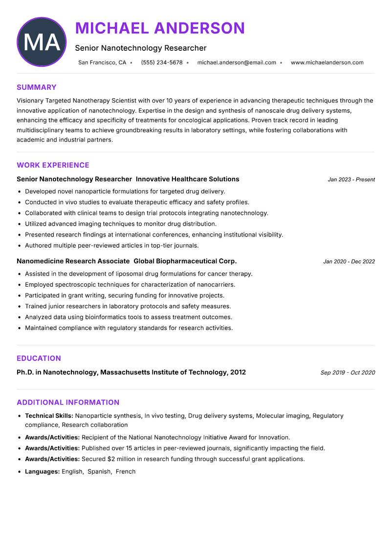 Targeted Nanotherapy Scientist resume example — ATS-friendly template