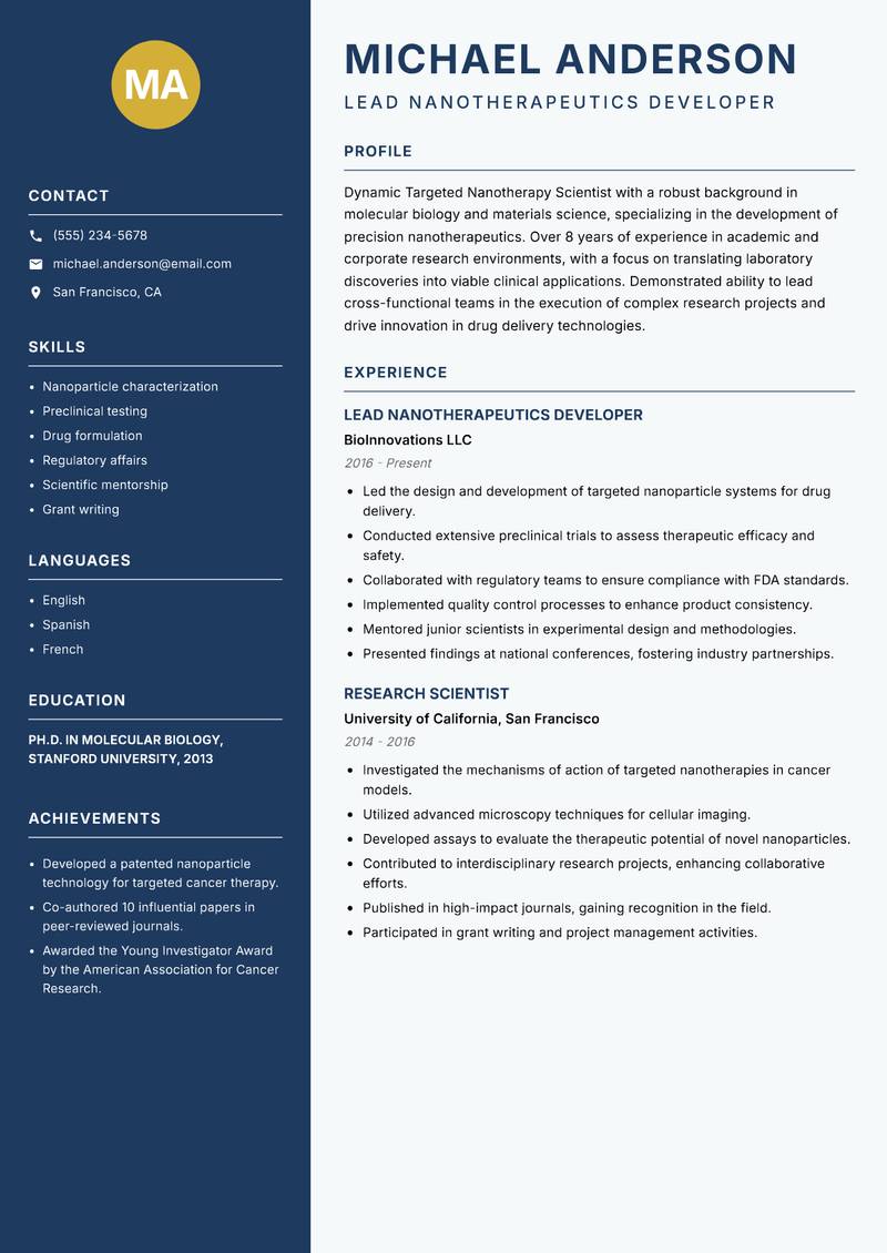 Targeted Nanotherapy Scientist resume template — Classic Clean