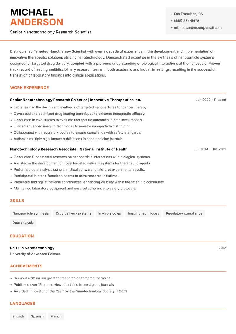 Targeted Nanotherapy Scientist resume template — Modern Professional