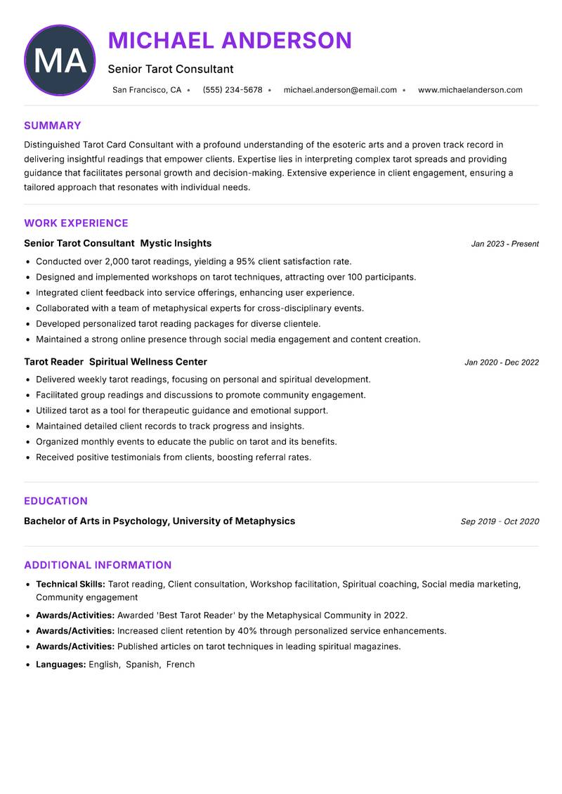 Tarot Card Consultant resume example — ATS-friendly template