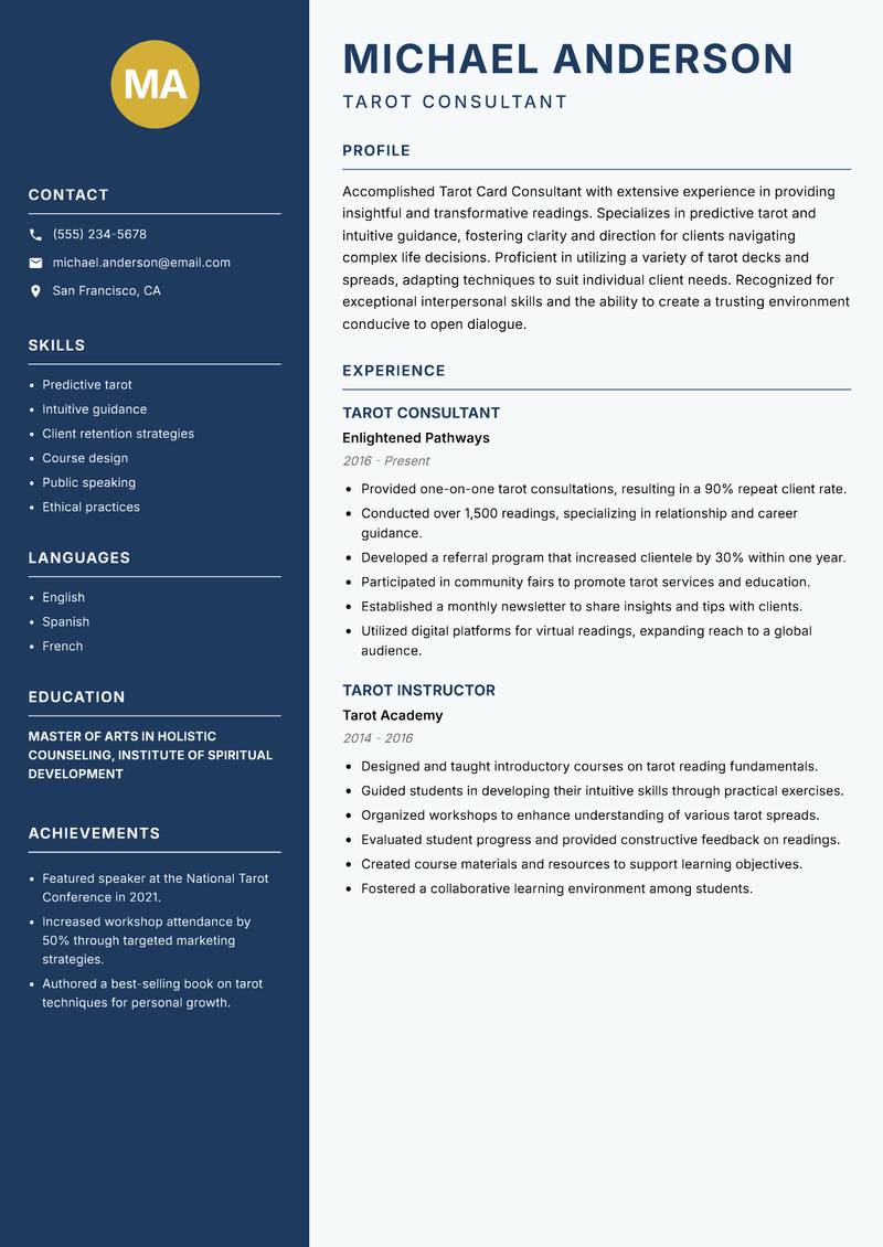Tarot Card Consultant resume template — Classic Clean