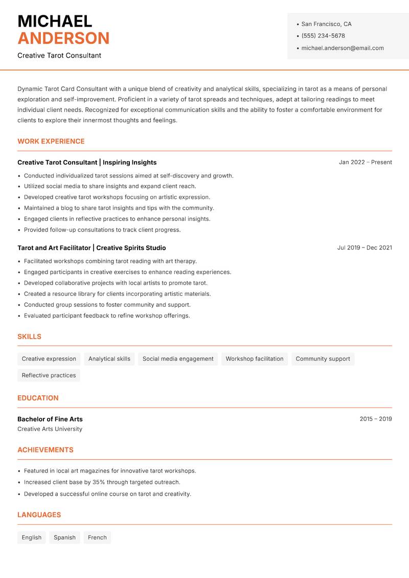 Tarot Card Consultant resume template — Modern Professional