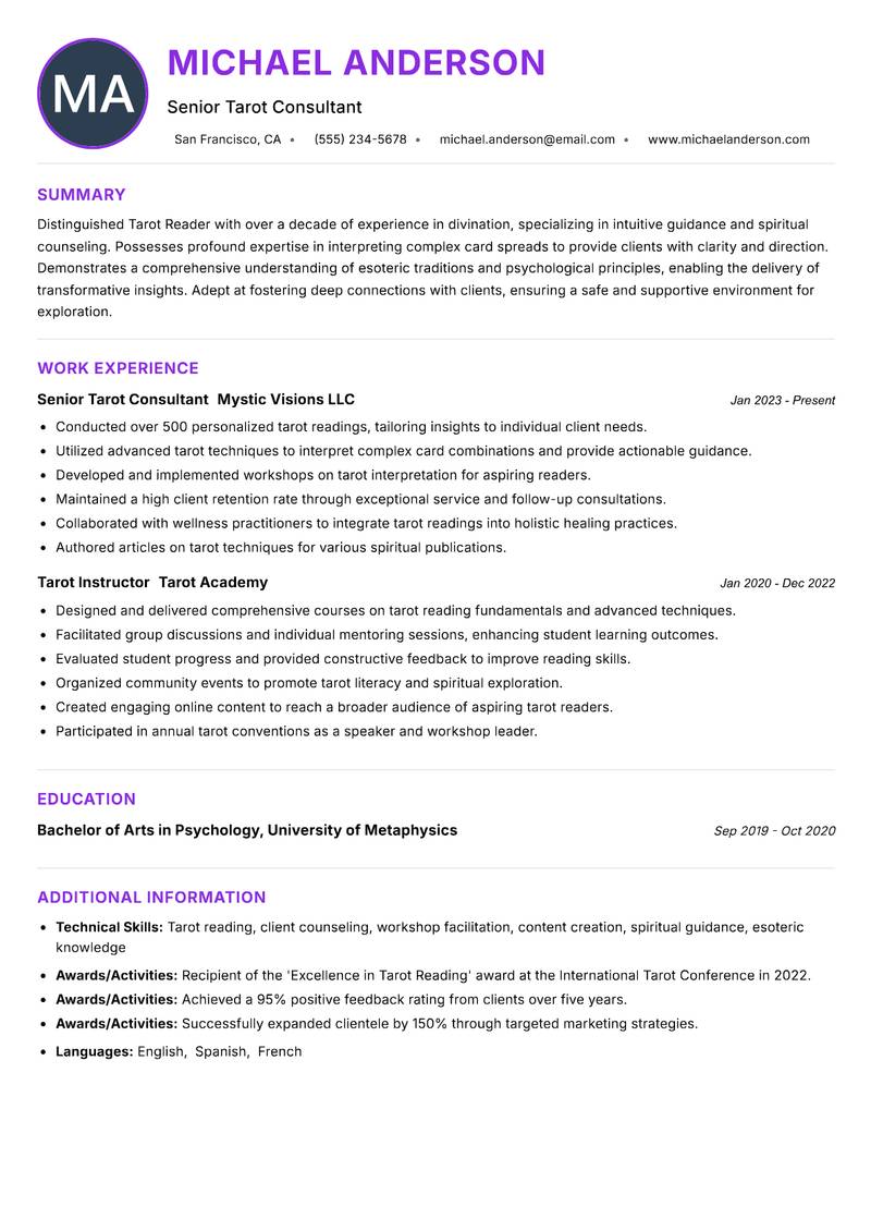 Tarot Reader resume example — ATS-friendly template