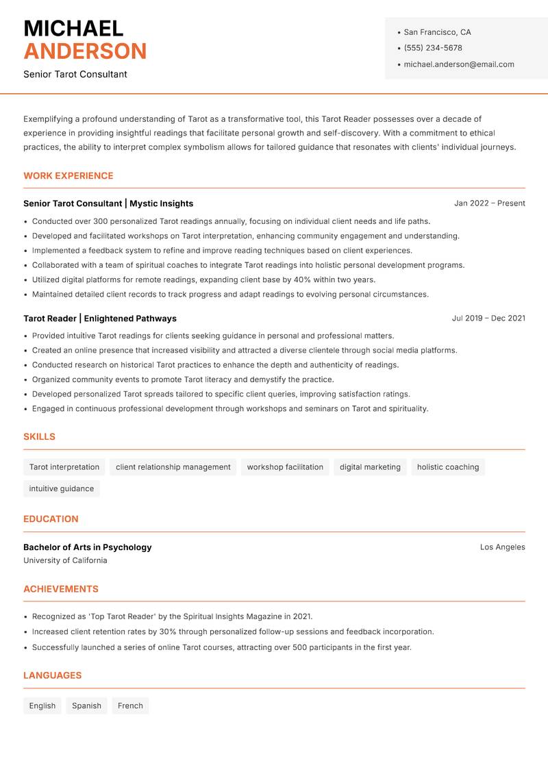 Tarot Reader resume template — Modern Professional