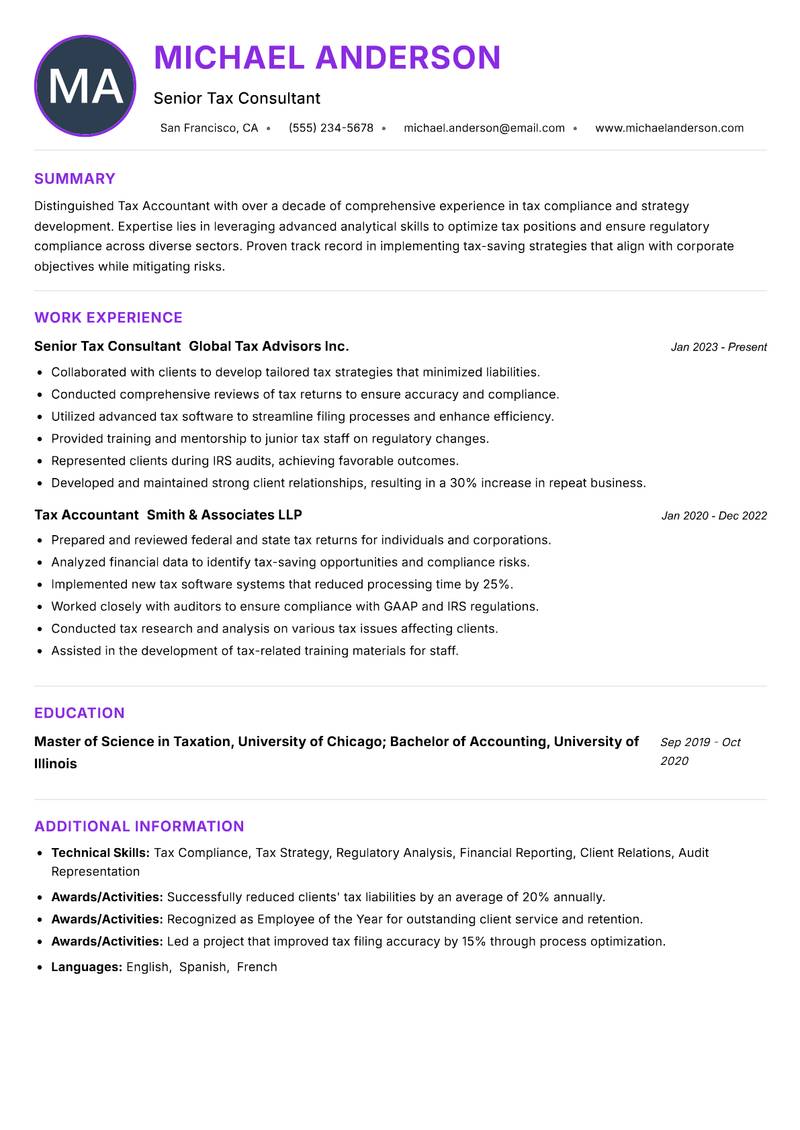 Tax Accountant resume example — ATS-friendly template