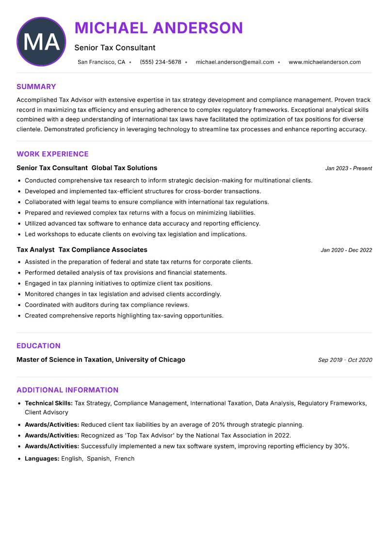 Tax Advisor resume example — ATS-friendly template
