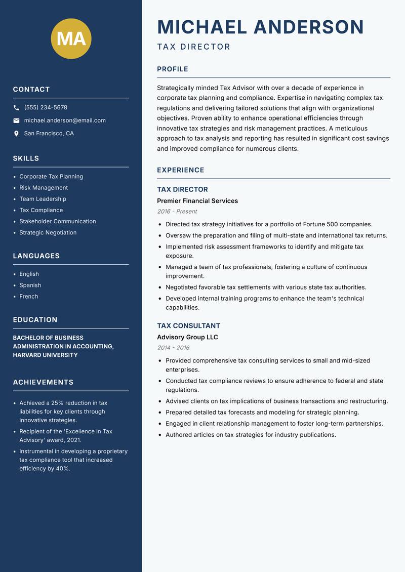 Tax Advisor resume template — Classic Clean