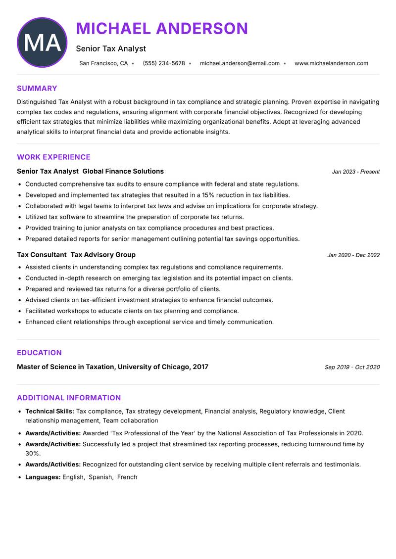 Tax Analyst resume example — ATS-friendly template