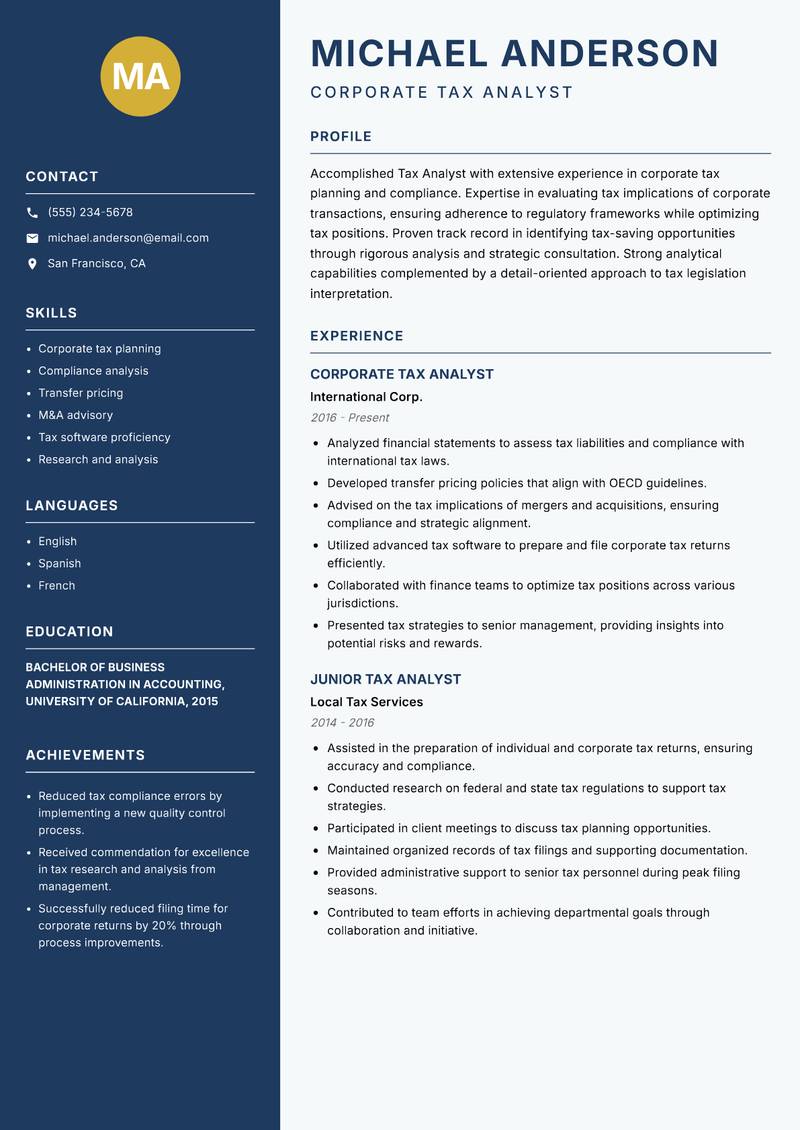 Tax Analyst resume template — Classic Clean