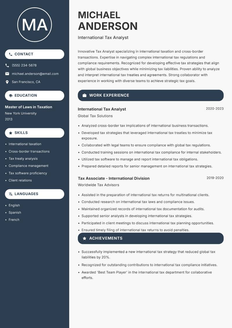 Tax Analyst resume template — Compact