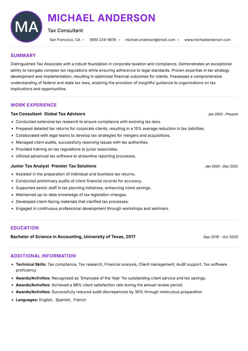 Tax Associate resume example — ATS-friendly template
