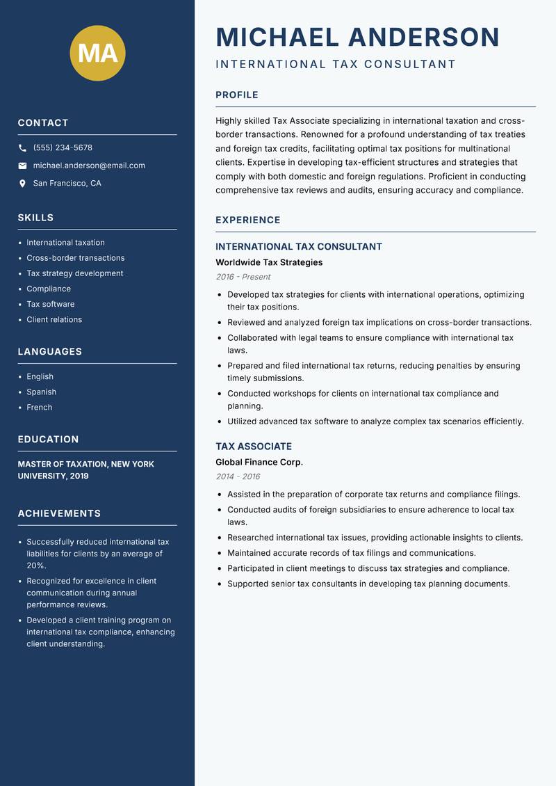Tax Associate resume template — Classic Clean