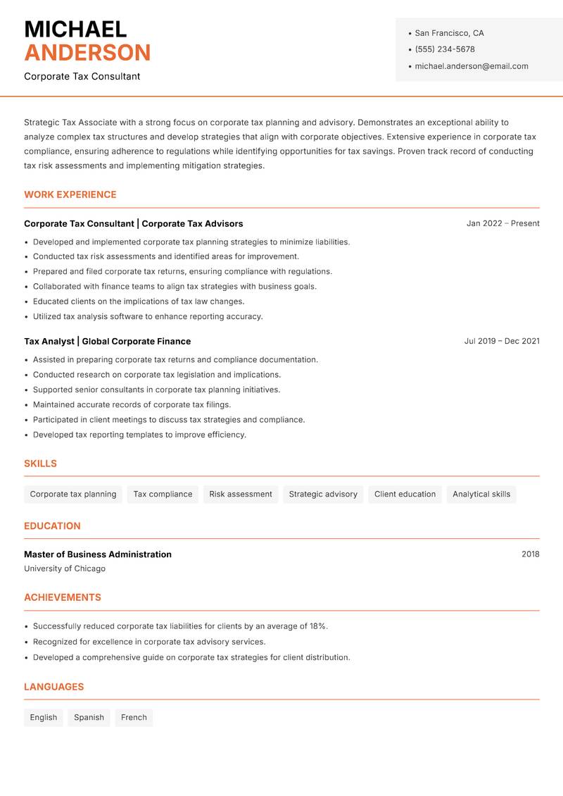 Tax Associate resume template — Modern Professional