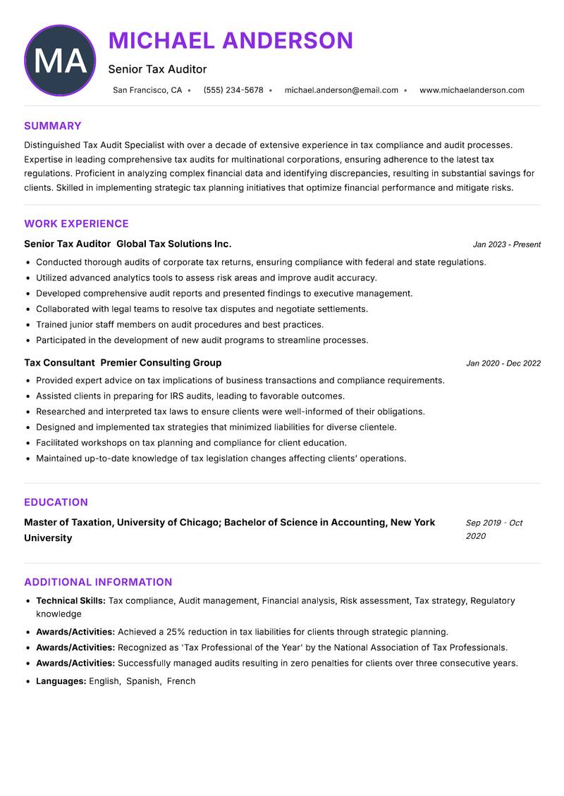 Tax Audit Specialist resume example — ATS-friendly template