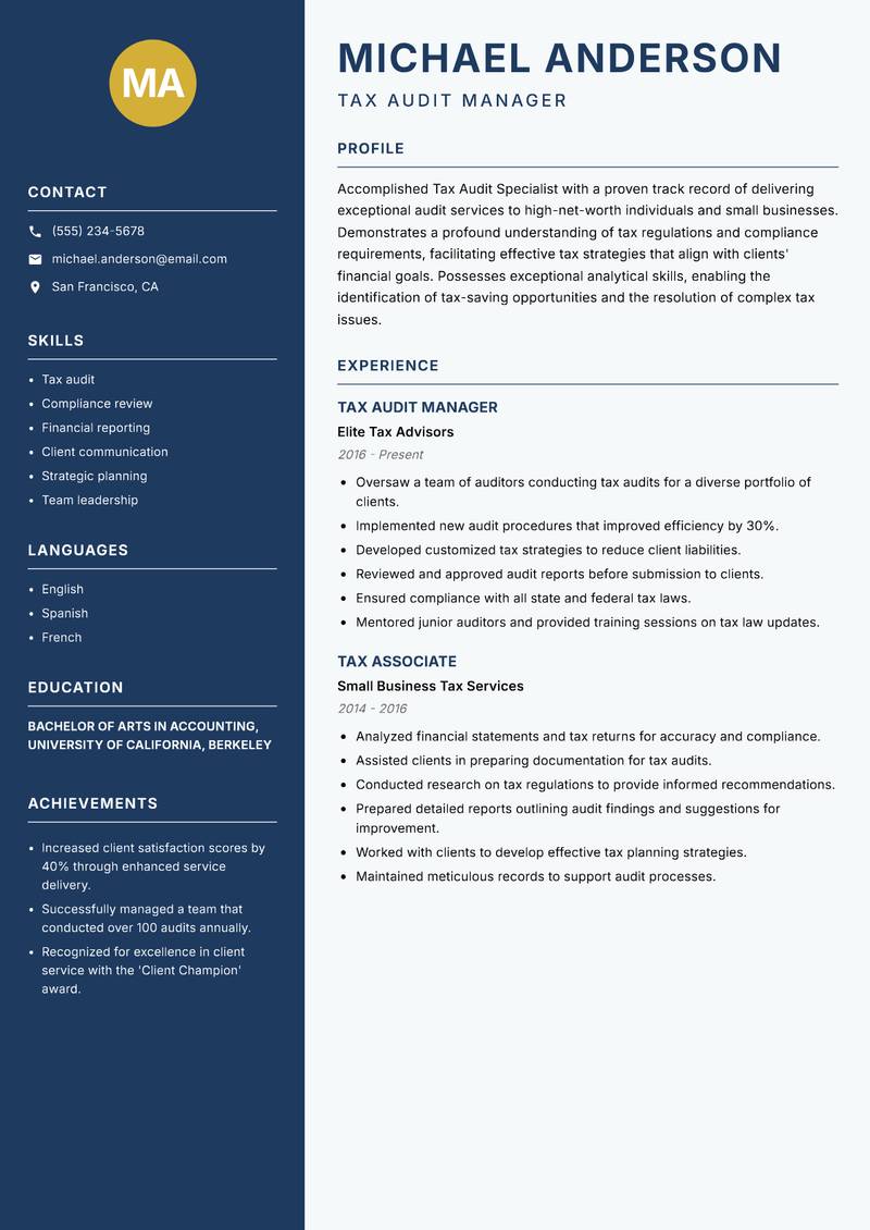 Tax Audit Specialist resume template — Classic Clean