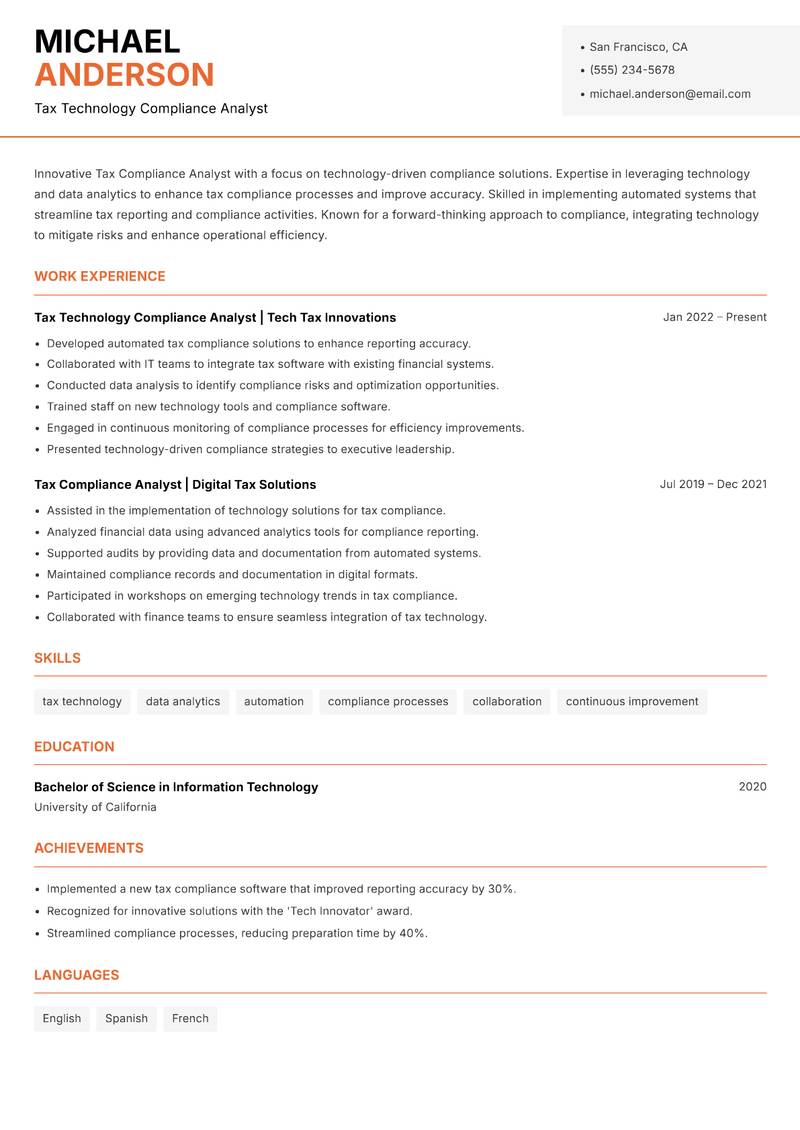 Tax Compliance Analyst resume template — Modern Professional