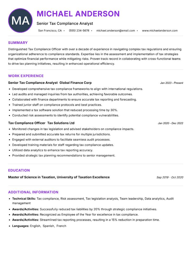 Tax Compliance Officer resume example — ATS-friendly template