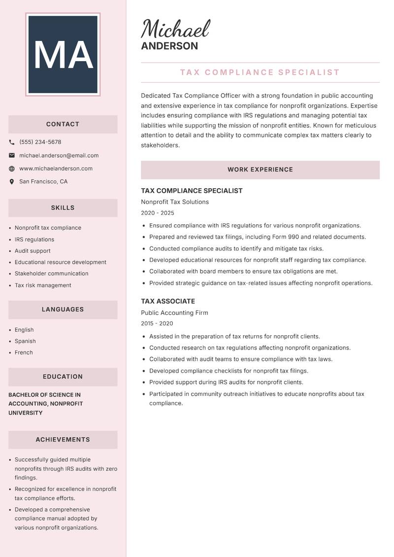 Tax Compliance Officer resume template — Executive