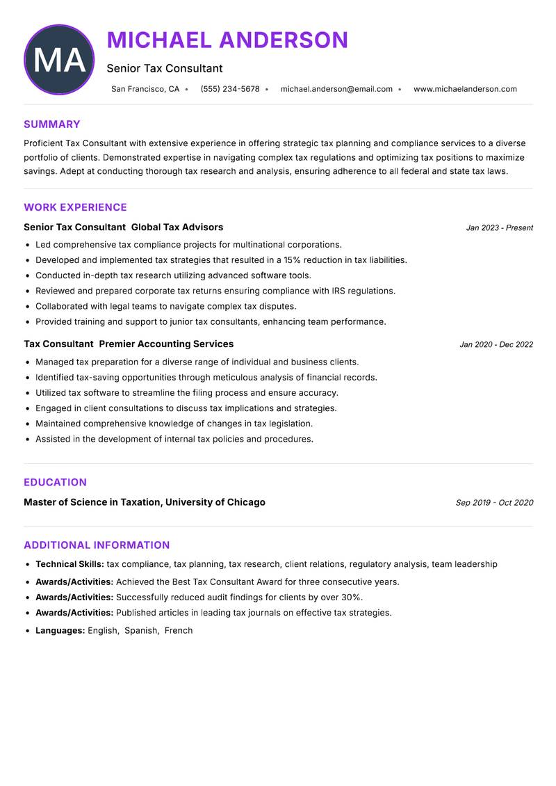 Tax Consultant resume example — ATS-friendly template