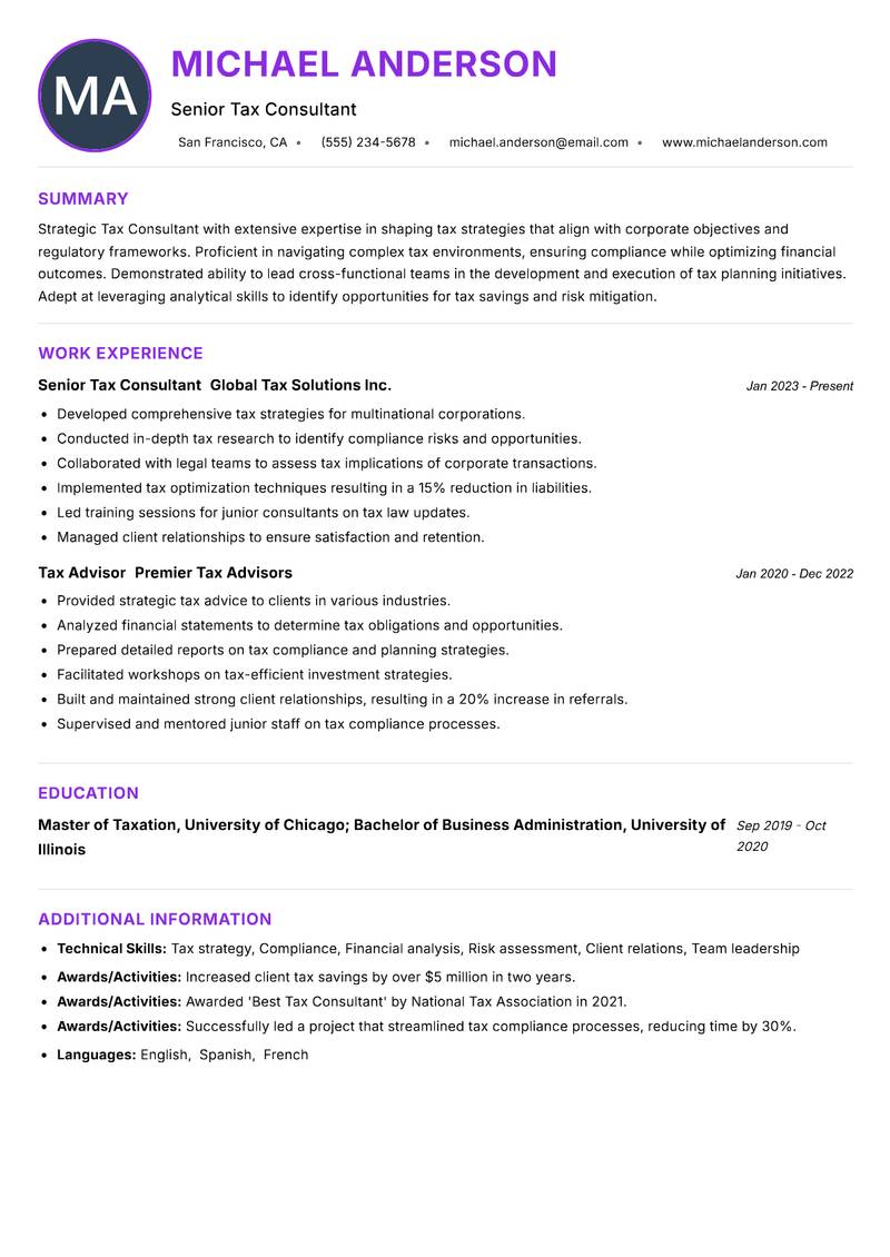 Tax Consultant Strategy resume example — ATS-friendly template