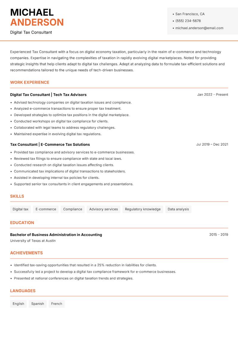 Tax Consultant Strategy resume template — Modern Professional