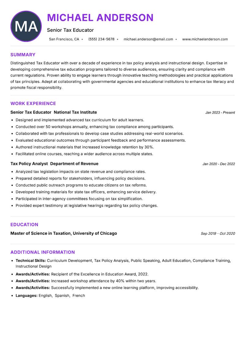 Tax Educator resume example — ATS-friendly template