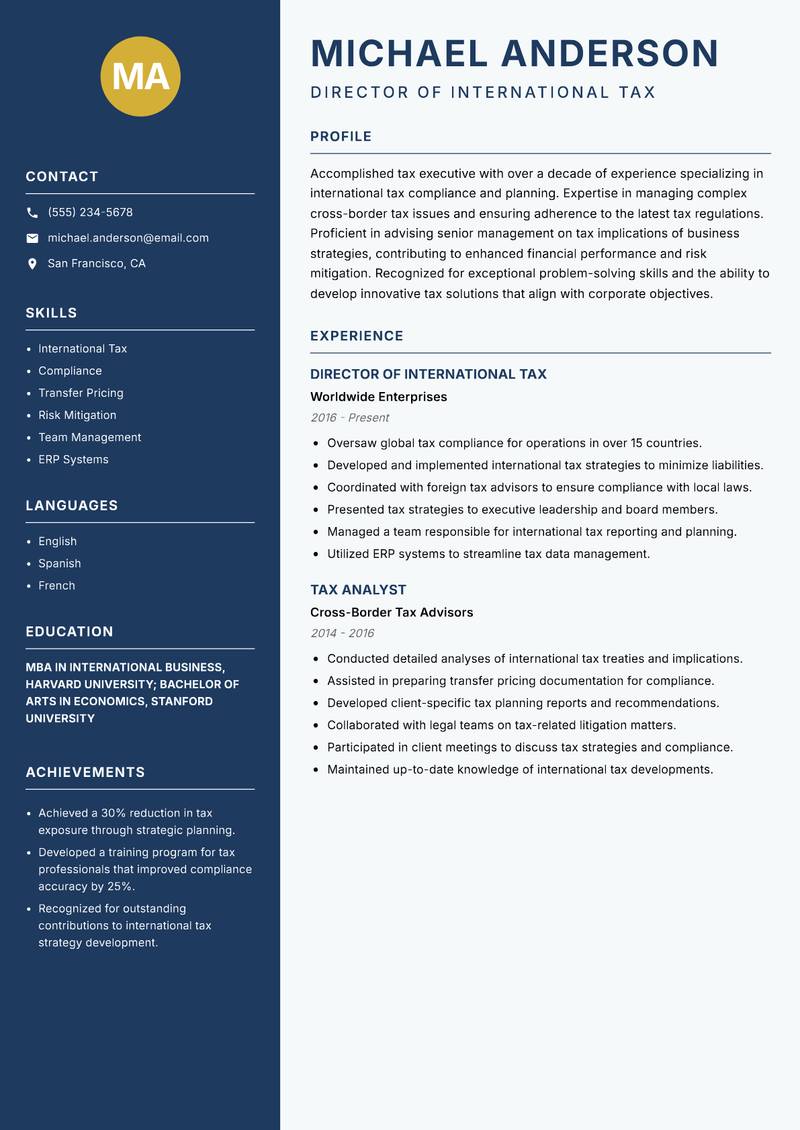 Tax Executive resume template — Classic Clean
