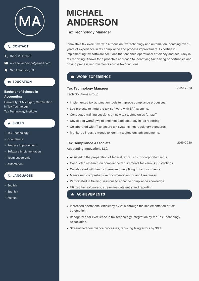 Tax Executive resume template — Compact