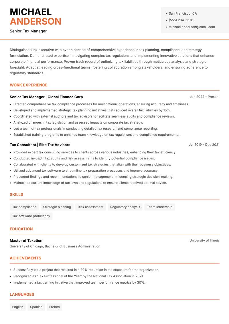 Tax Executive resume template — Modern Professional