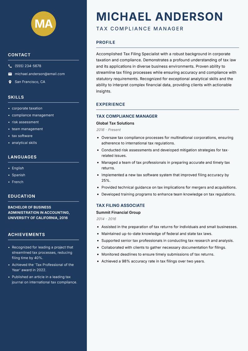 Tax Filing Specialist resume template — Classic Clean