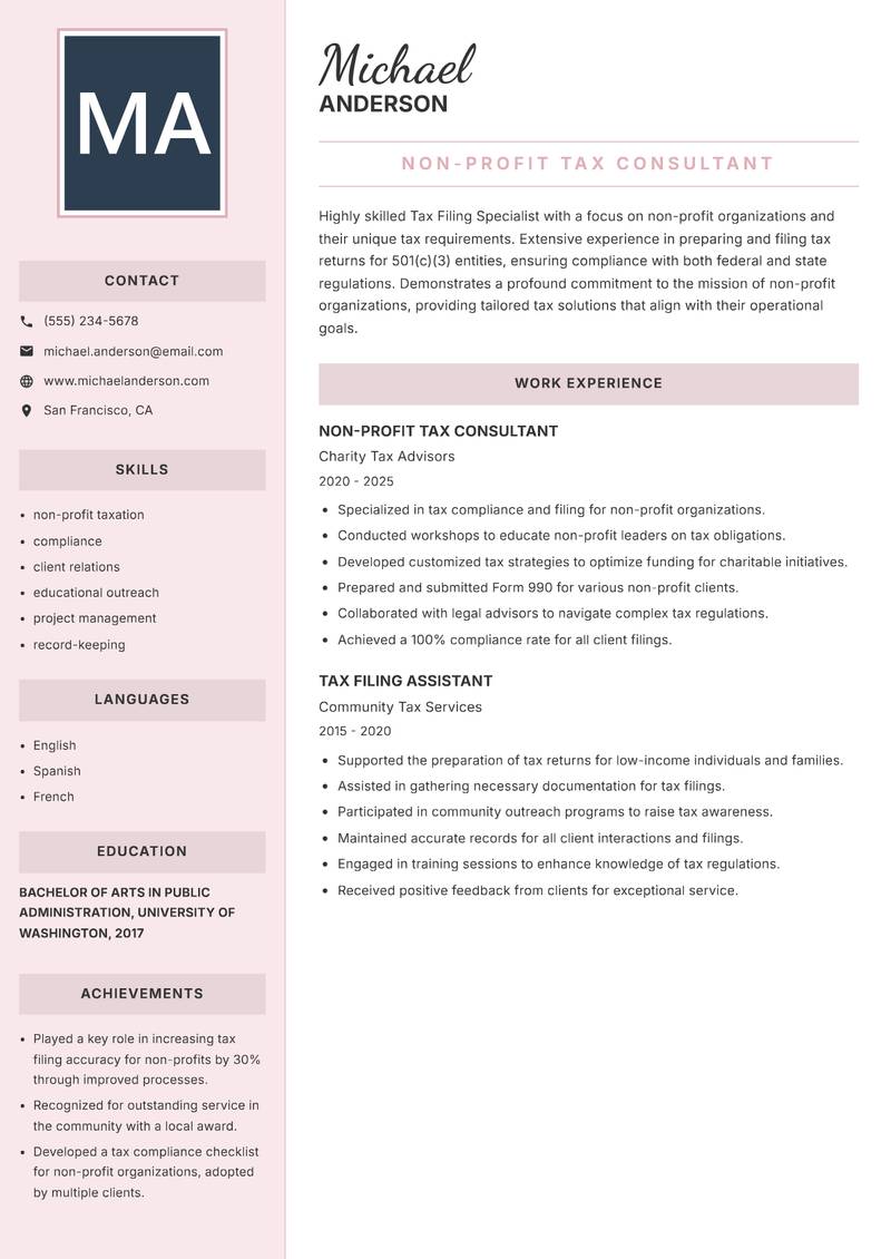 Tax Filing Specialist resume template — Executive