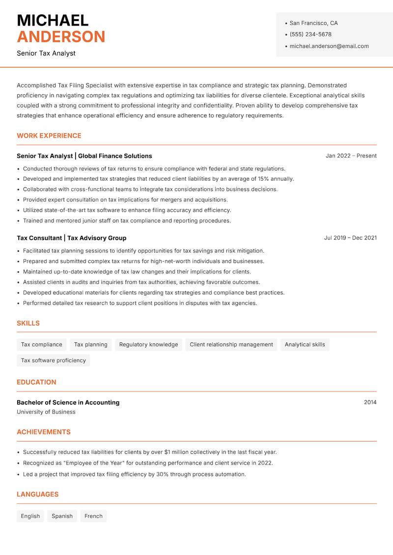 Tax Filing Specialist resume template — Modern Professional