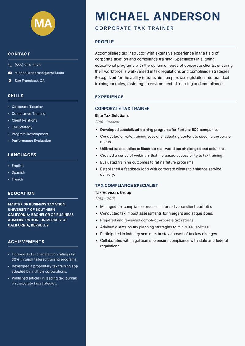 Tax Instructor resume template — Classic Clean