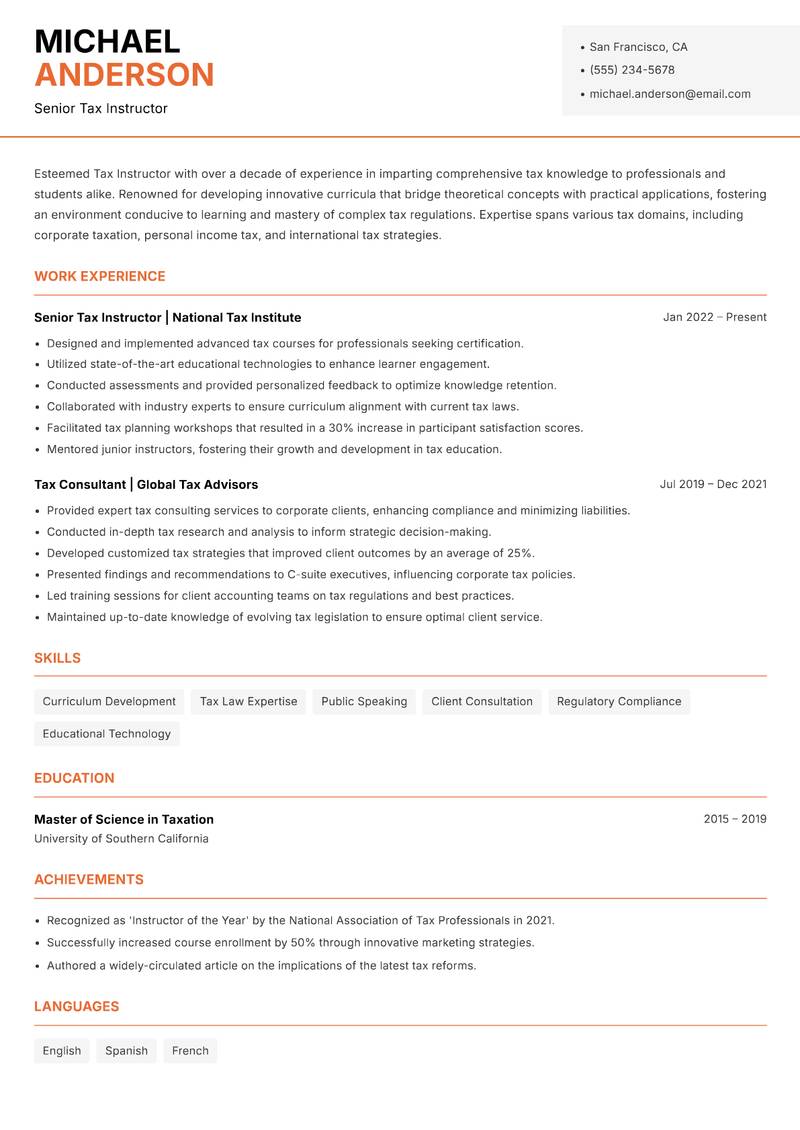 Tax Instructor resume template — Modern Professional