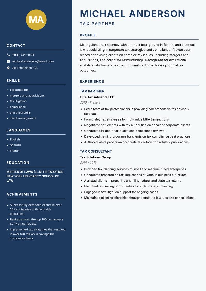 Tax Lawyer resume template — Classic Clean