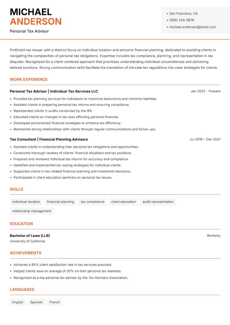 Tax Lawyer resume template — Modern Professional