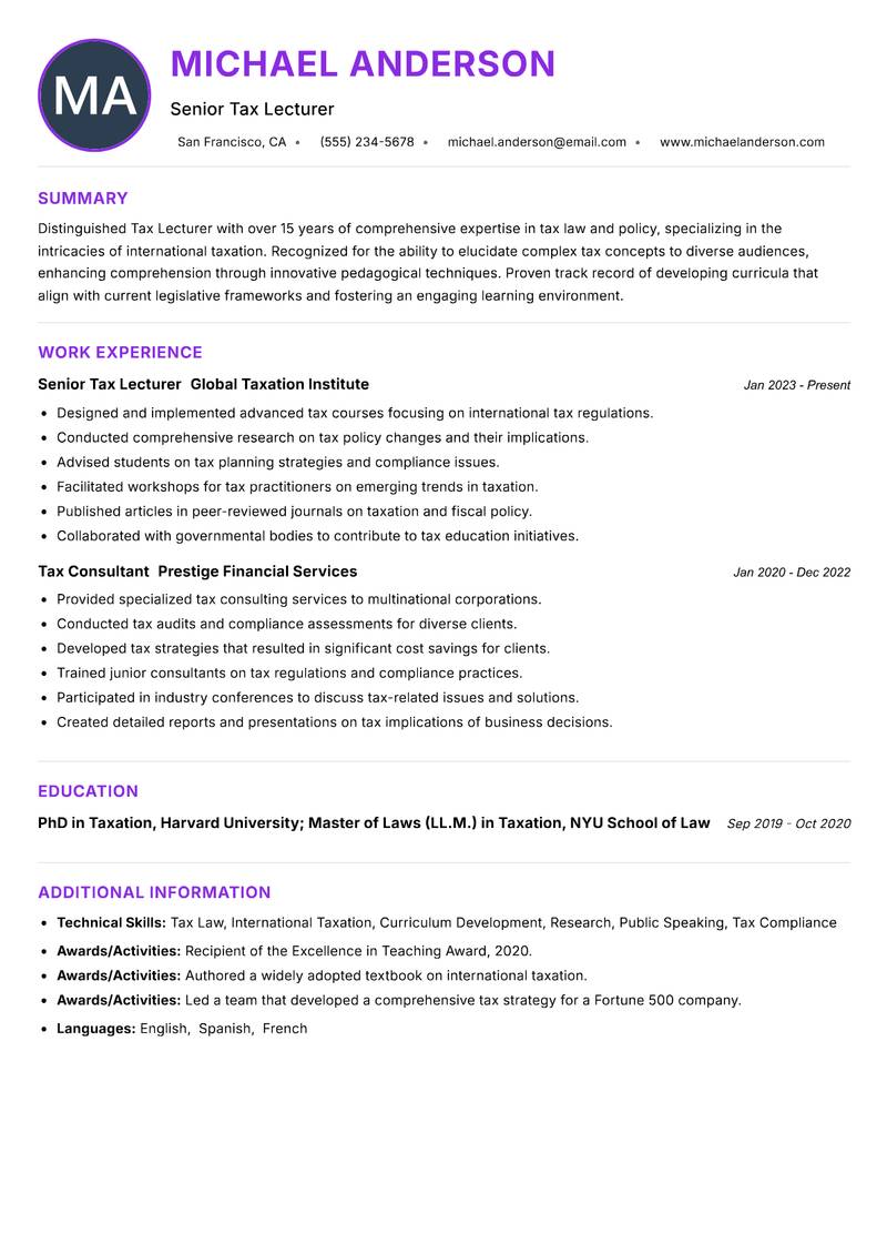 Tax Lecturer resume example — ATS-friendly template