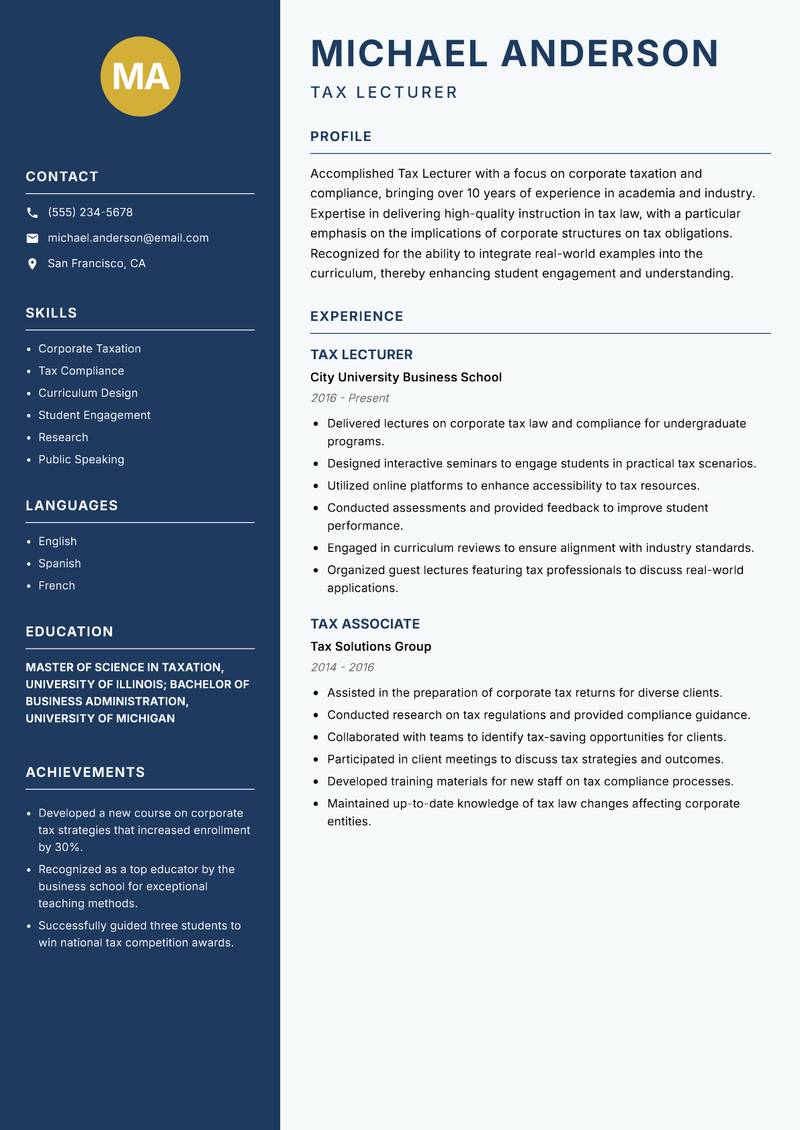 Tax Lecturer resume template — Classic Clean