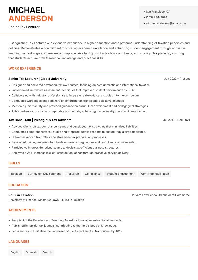 Tax Lecturer resume template — Modern Professional