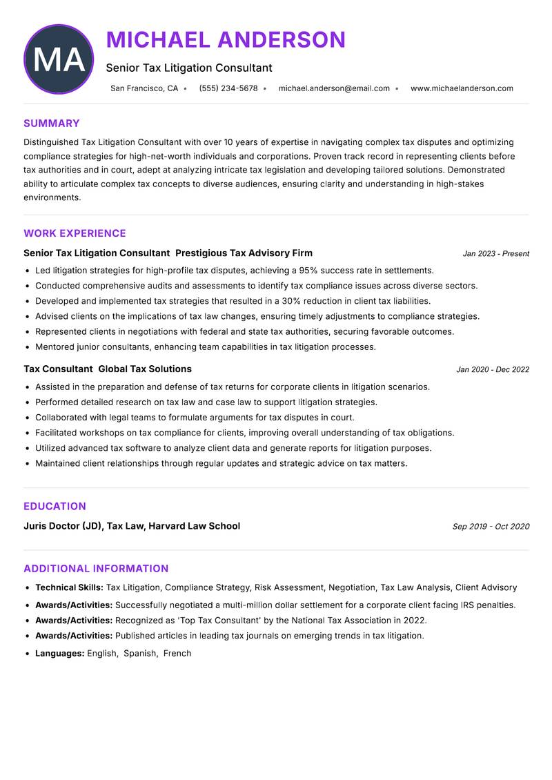 Tax Litigation Consultant resume example — ATS-friendly template