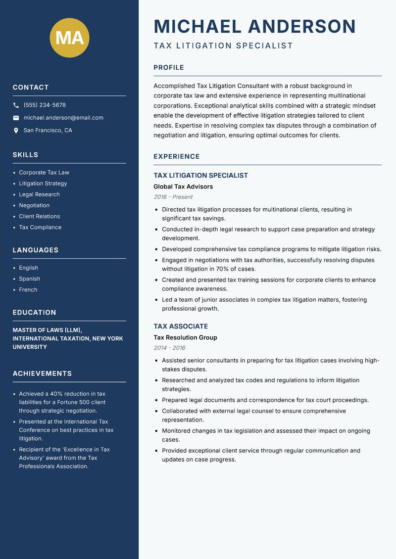 Tax Litigation Consultant resume template — Classic Clean