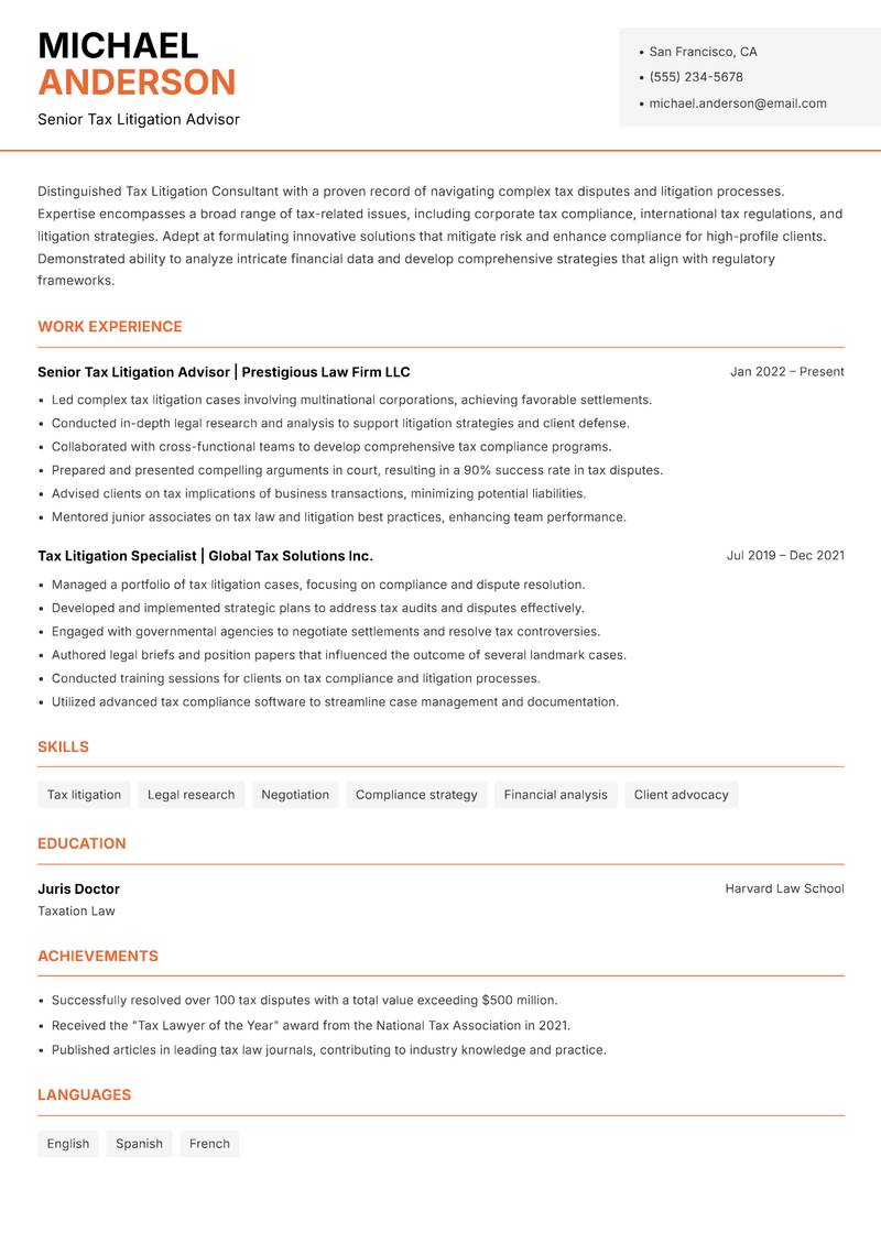 Tax Litigation Consultant resume template — Modern Professional