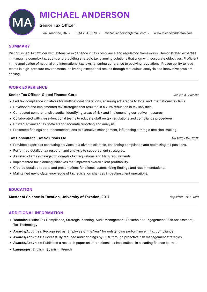 Tax Officer resume example — ATS-friendly template