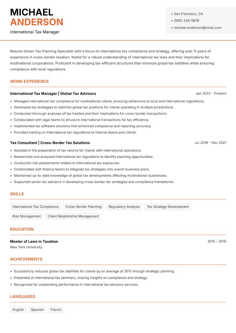 Tax Planning Specialist resume template — Modern Professional