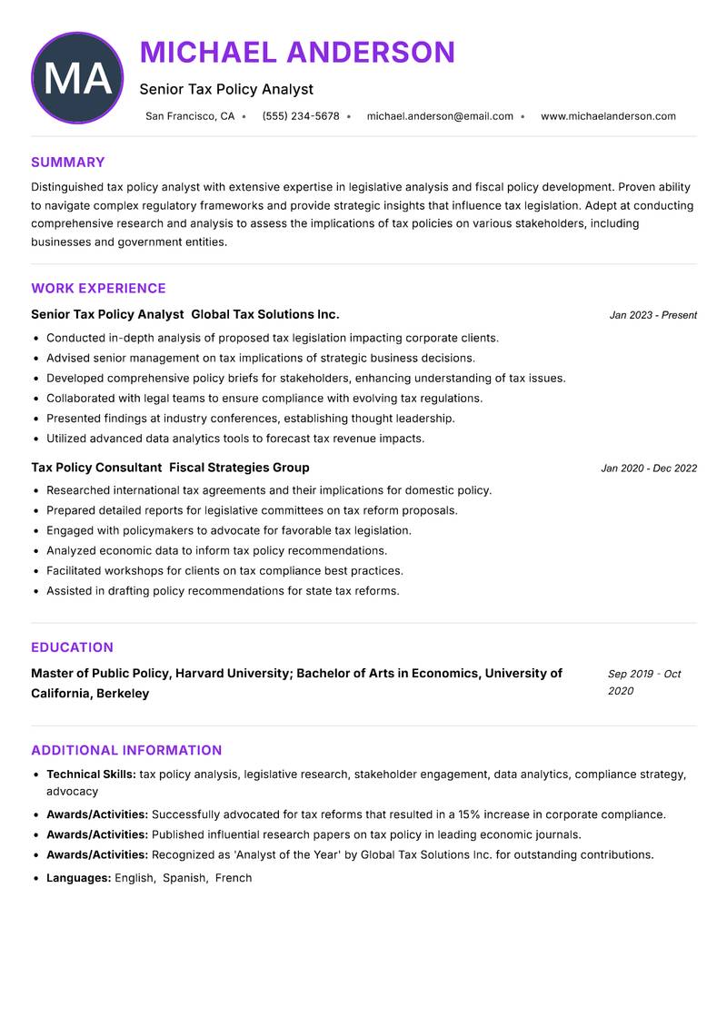 Tax Policy Analyst resume example — ATS-friendly template